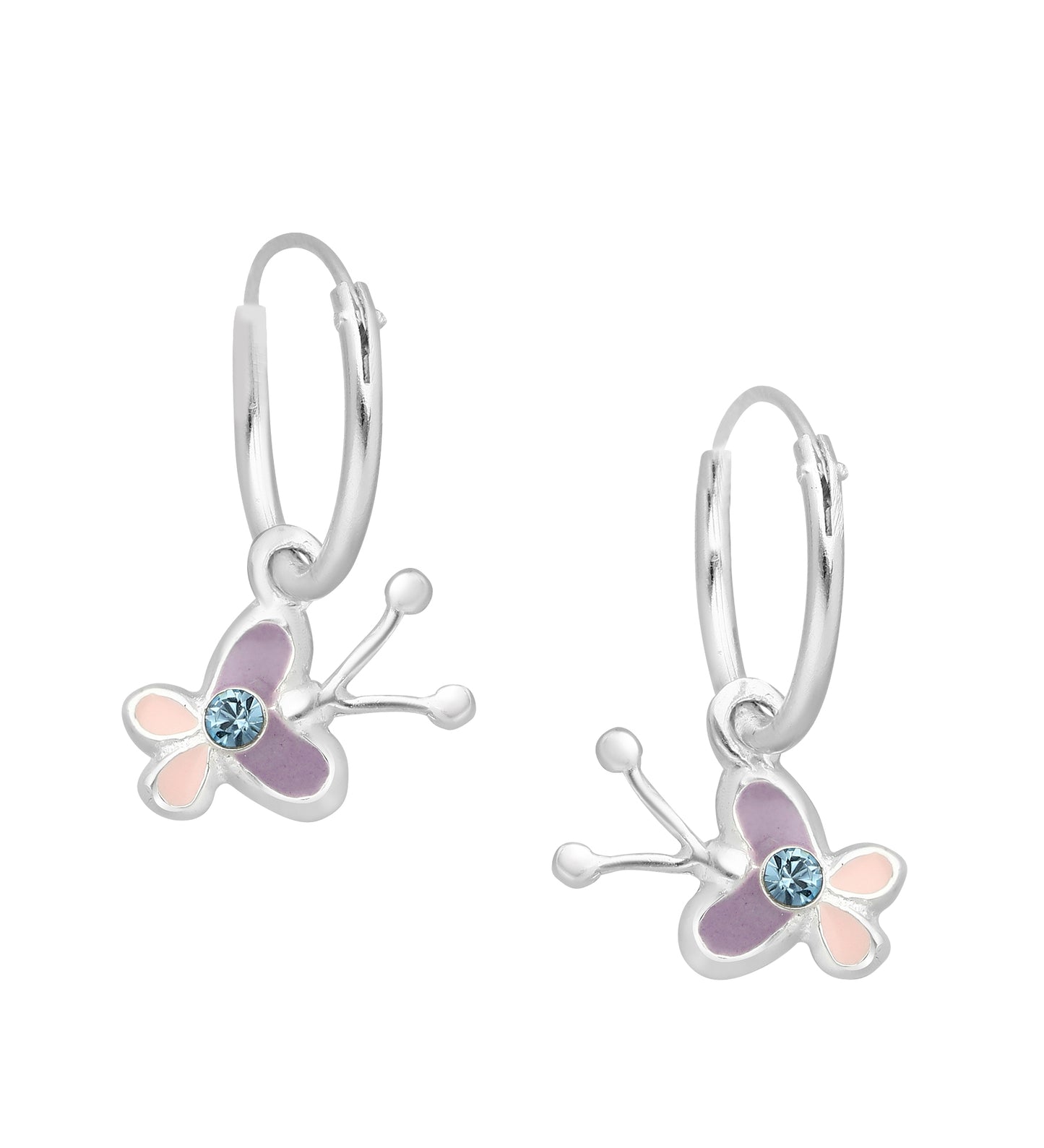 Childrens Earrings:  Sterling Silver Sleepers with Pink and Green Butterflies