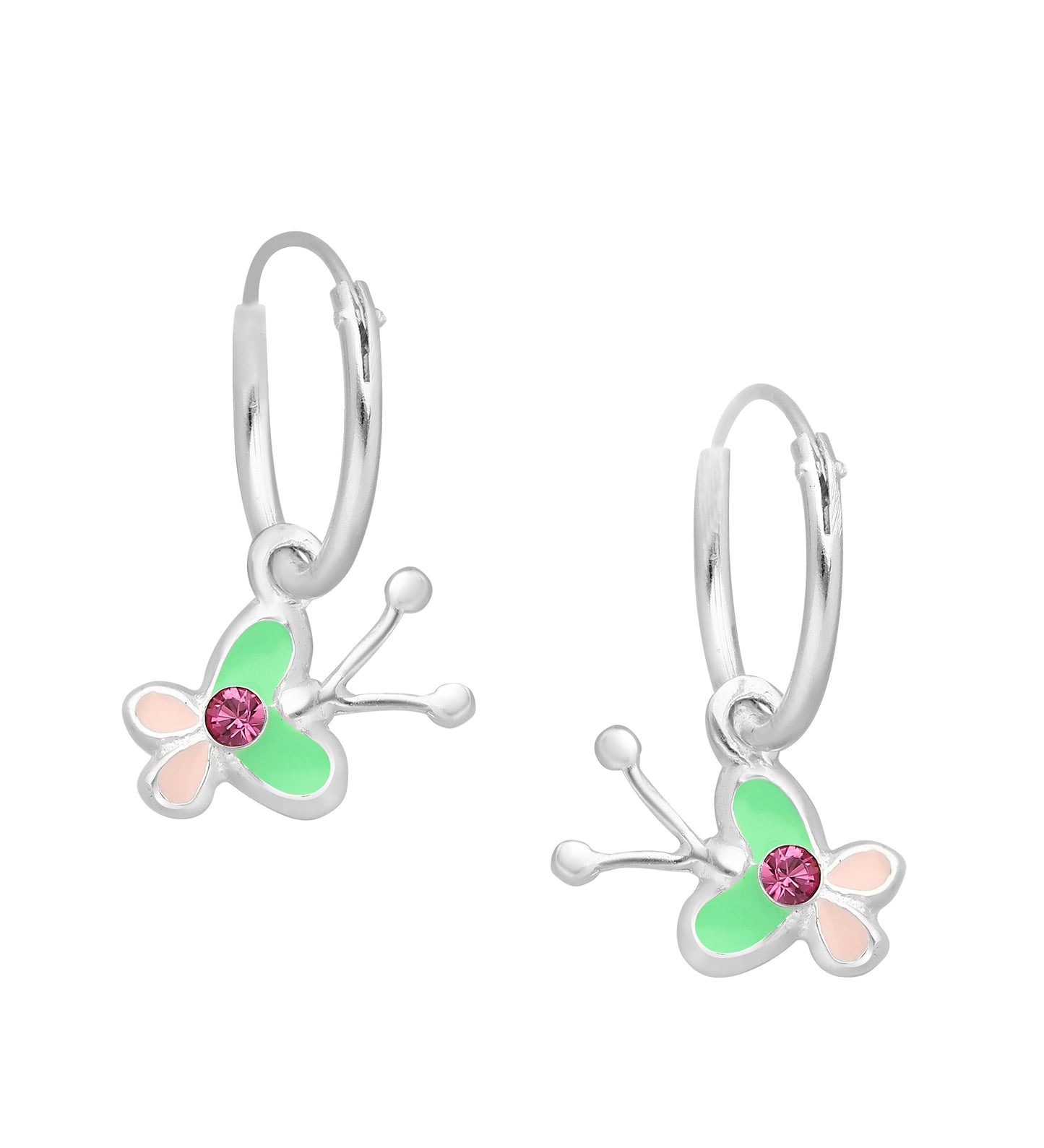 Childrens Earrings:  Sterling Silver Sleepers with Pink and Green Butterflies