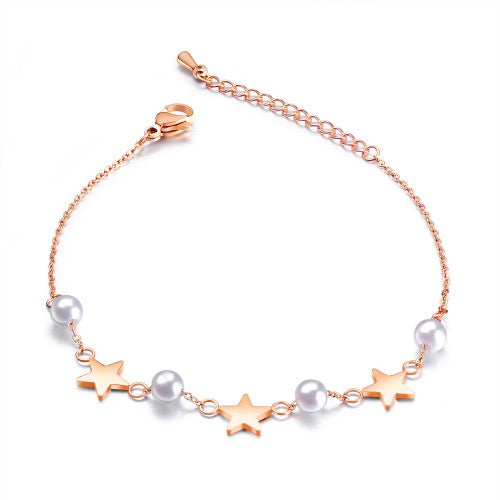 Children's and Teens' Bracelets/Anklets:  Titanium IP Rose Gold Star and Pearl Bracelets with Gift Box