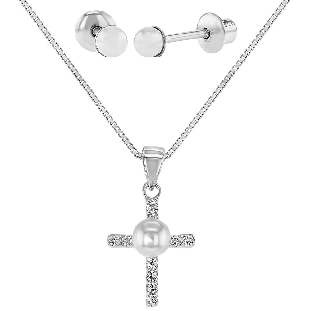 Children's Necklace and Earrings Set:  Sterling Silver Christening Necklace and Pearl Screw Back Earrings