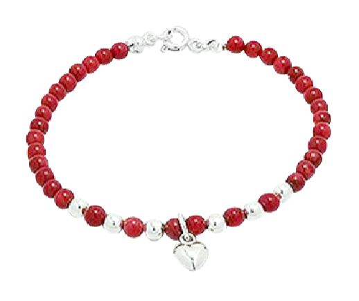 Children's and Teens' Bracelets:  Sterling Silver, Red Coral Ball Bracelets with Silver Puffed Heart