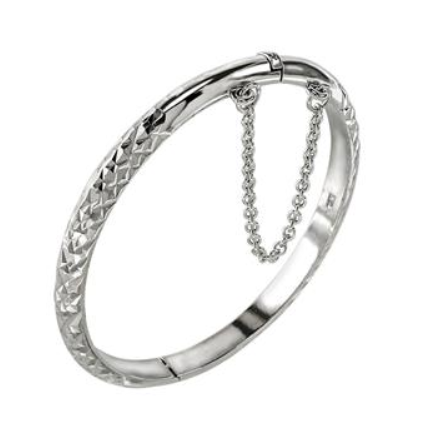 Baby and Children's Bracelets:  Sterling Silver, Embossed Christening Bangle with Safety Chain