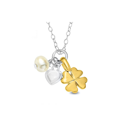 A sterling silver cluster necklace with a gold over silver lucky clover, a pearl, and a silver puffy heart, designed for children.