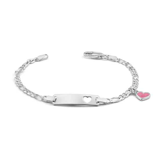 Children's Bracelets:  Sterling Silver Premium Heart Cut-out ID Bracelets and Pink Heart with Figaro Chain and Pink Heart Charm with Gift Box