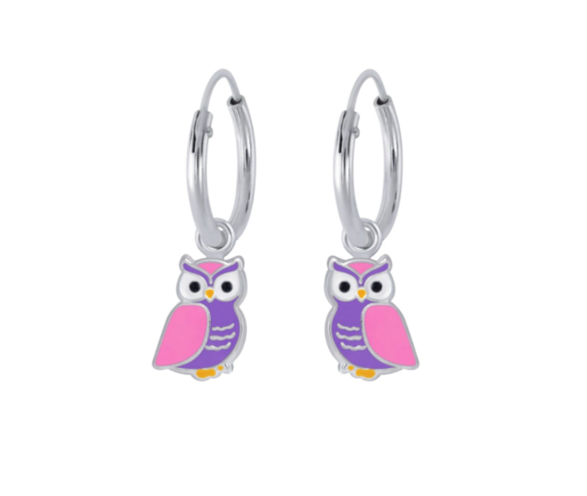 Children's Earrings:  Sterling Silver Sleepers with Owl Dangles