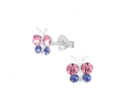 Butterfly earrings featuring sterling silver design with pink and blue cubic zirconia stones.