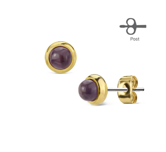 Children's Earrings:  Surgical Steel, 14k Gold IP Bezel Set Amethyst Studs