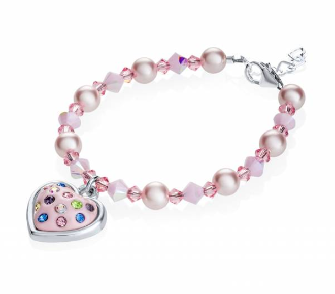 Children's  Bracelets:  Sterling Silver, Pink Swarovski Pearls and Crystals with Puffed Heart Encrusted with Crystals