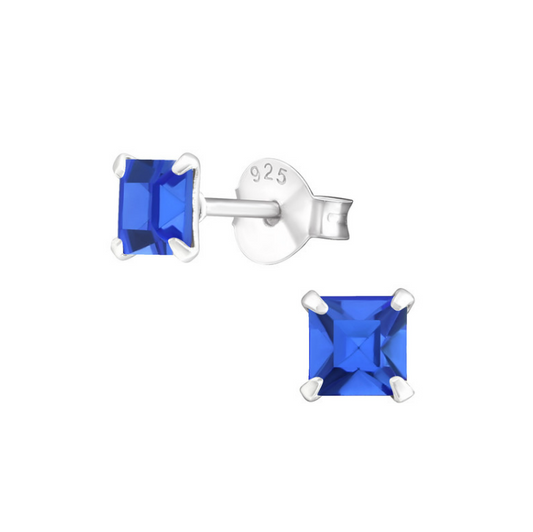 Children's Earrings - Sterling Silver Four Prong, 4mm Princess Cut , Sapphire Blue CZ Studs