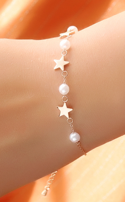 Children's and Teens' Bracelets/Anklets:  Titanium IP Rose Gold Star and Pearl Bracelets with Gift Box