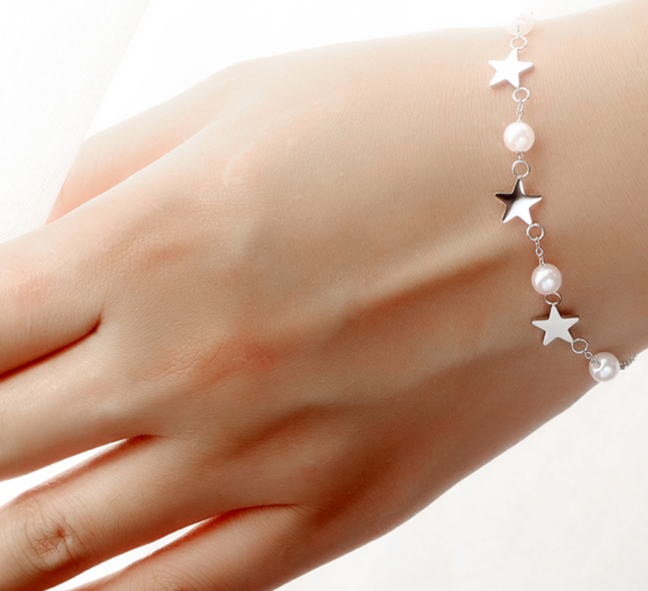 Children's and Teens' Bracelets/Anklets:  Titanium Star and Pearl Bracelets with Gift Box