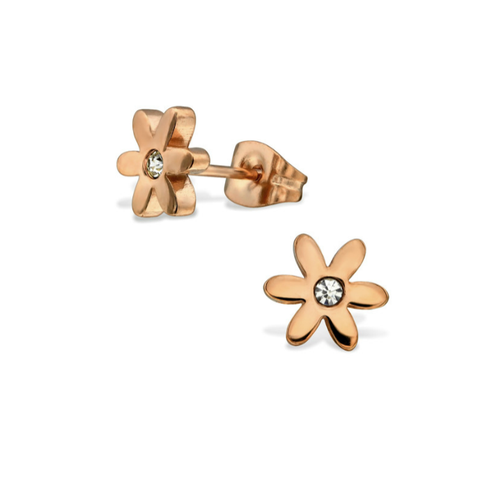 Baby and Children's Earrings:  Surgical Steel, IP Rose Gold Flower Earrings with CZ