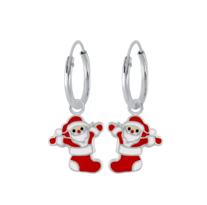 Children's Earrings:  Sterling Silver 10mm Hoops with Santa Dangles