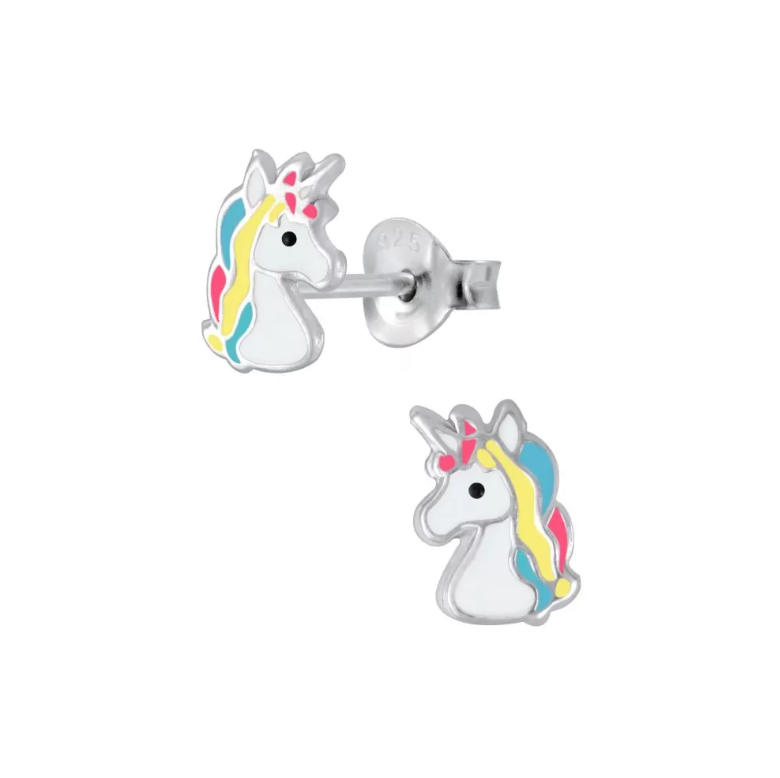 Children's Earrings:  Sterling Silver Pink, Yellow and Blue Unicorn Head Earrings