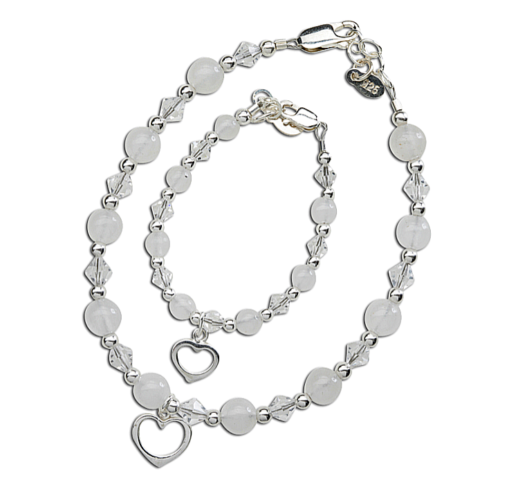 Mother and Baby Bracelet Sets:  Sterling Silver, Swarovski White and Clear Crystals with Open Heart Charms