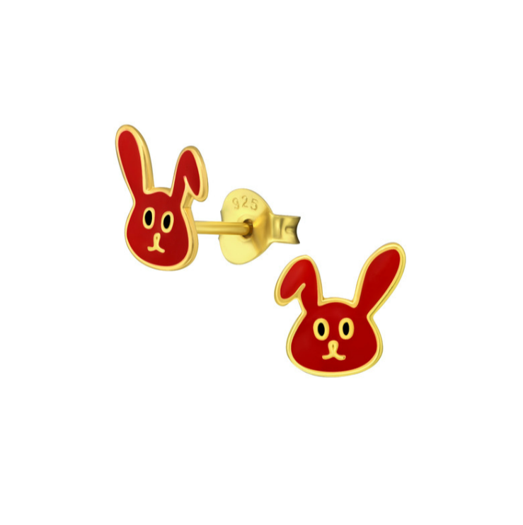 Baby and Children's Earrings:  Sterling Silver with Gold Plating, Red Enameled Bunny Rabbit Earrings