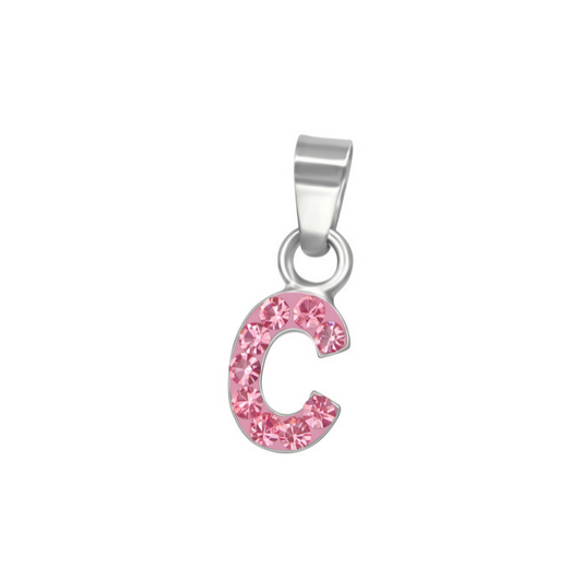 Baby and Toddler Necklaces:  Sterling Silver, Pink CZ Encrusted Initial "C" Necklaces on 12" or 13" Chains