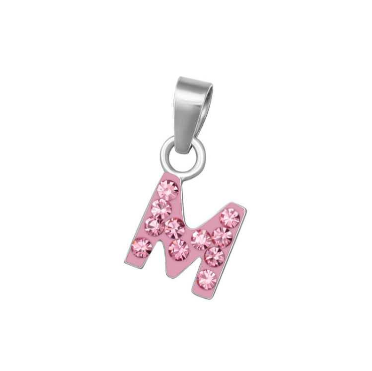 Baby and Toddler Necklaces:  Sterling Silver, Pink CZ Encrusted Initial "M" Necklaces on 12" or 13" Chains