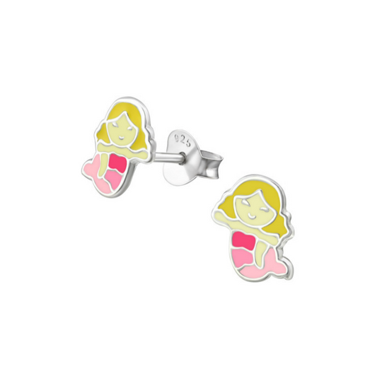 Children's Earrings:  Sterling Silver Pink and Yellow Mermaids