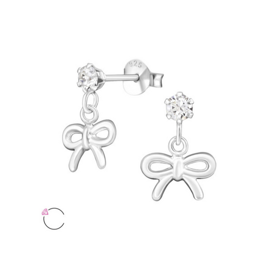 Children's Earrings:  Sterling Silver La Crystale CZ Stud with Bow Dangle