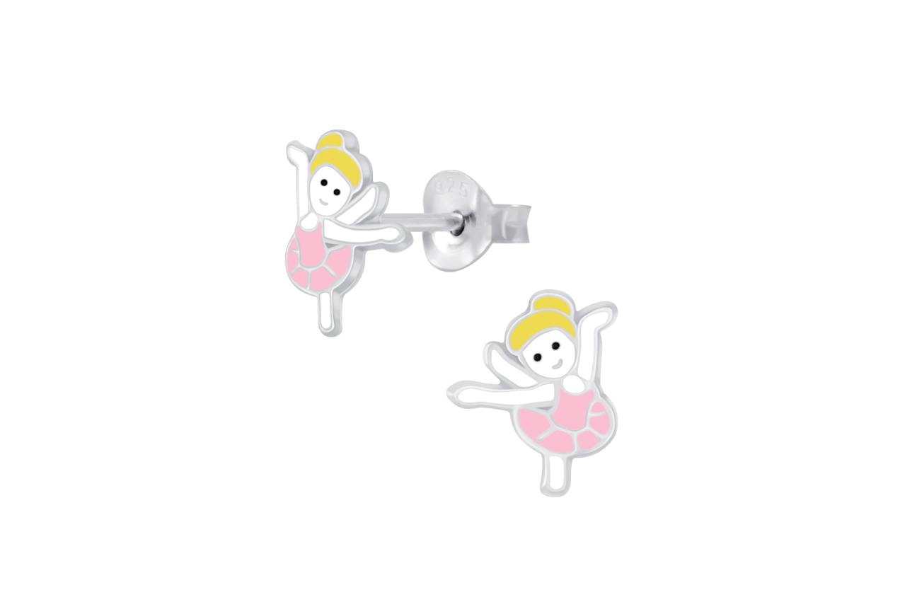 Children's Earrings:  Sterling Silver Ballerina Earrings in Pink and Yellow Enamel