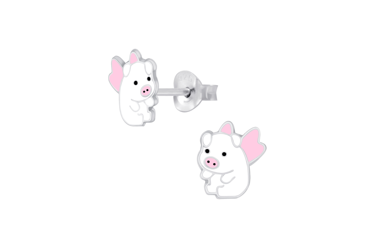 Children's Earrings:  Sterling Silver Pink and White Flying Pigs