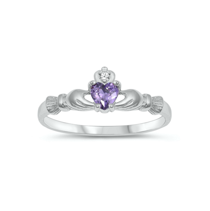 Children's Rings - Sterling Silver Claddagh Ring with Amethyst CZ Heart Size 3