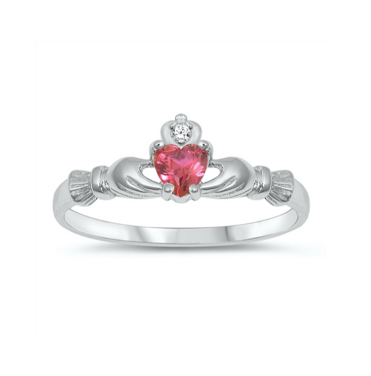 Children's Rings - Sterling Silver Claddagh Ring with Ruby CZ Heart Size 5