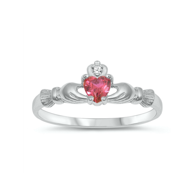 Children's Rings - Sterling Silver Claddagh Ring with Ruby CZ Heart Size 4