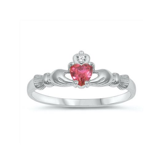 Children's Rings - Sterling Silver Claddagh Ring with Ruby CZ Heart Size 3