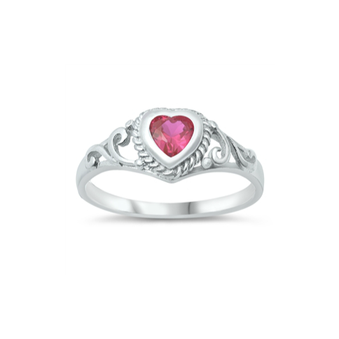 Children's Rings:  Sterling Silver Ruby CZ Heart Rings Size 4