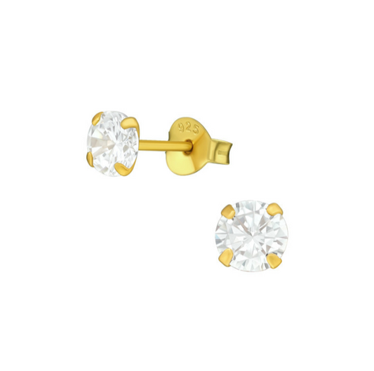 Teens' and Children's Earrings:  Surgical Steel with Gold IP, Clear CZ Studs 5mm