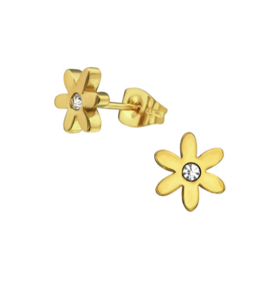 Baby and Children's Earrings:  Surgical Steel, IP Gold Flower Earrings with CZ