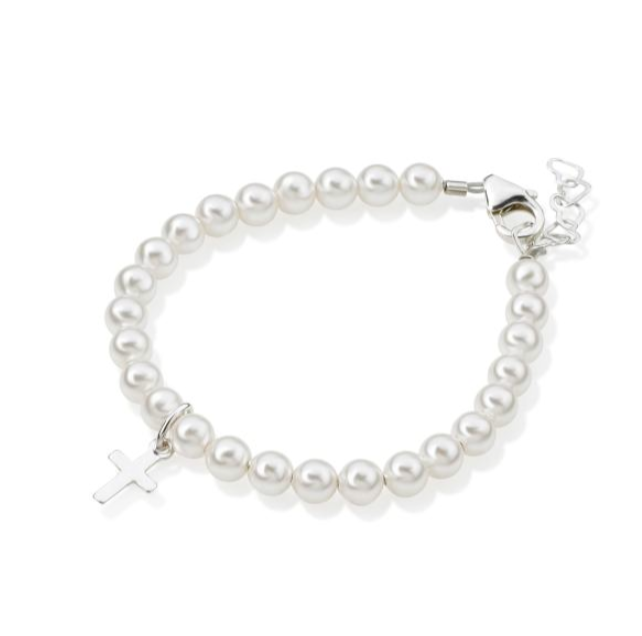 Baby Bracelets:  Sterling silver Swarovski Pearl Christening Bracelet with Single Cross 3 months - 2.5