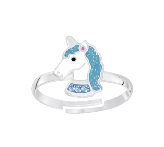 Children's Rings:  Sterling Silver Aqua Unicorn Rings Adjustable