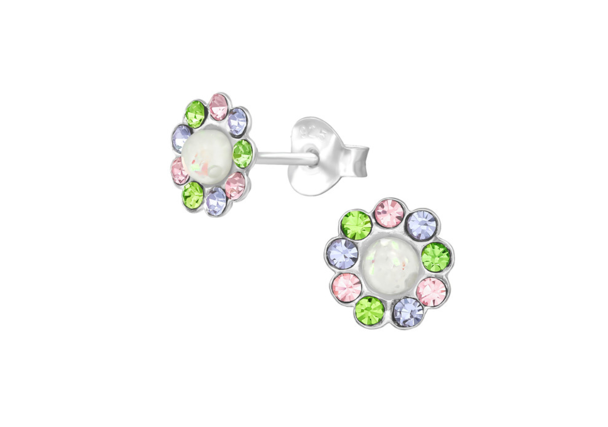 Children's Earrings:  Sterling Silver Pearl/CZ Flower Earrings Pink/Green/Lavender