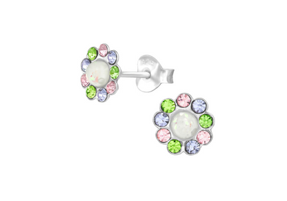 Children's Earrings:  Sterling Silver White Opal /CZ Flower Earrings Pink/Green/Lavender