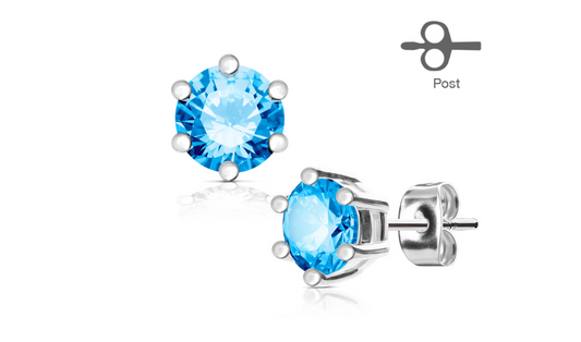 Children's, Teens' and Mothers' Earrings:  Surgical Steel 6 Prong, Blue CZ Studs 4mm