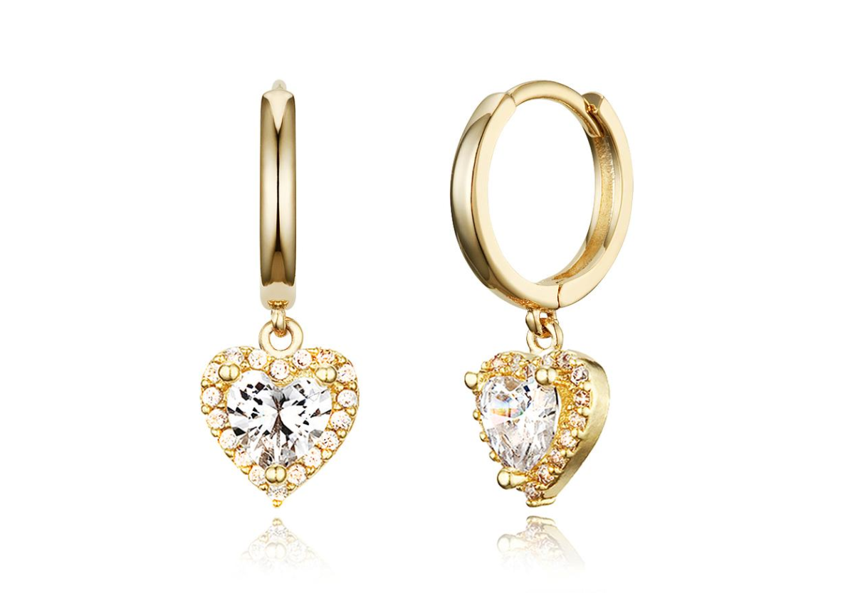 Children's Earrings:  14k Gold Plated Clear CZ Huggie Hoops with Halo Hearts