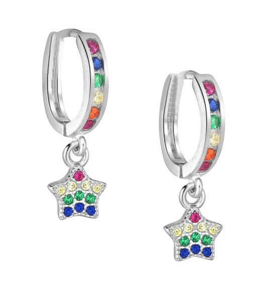 Children's Earrings:  Sterling Silver Huggies with Rainbow CZ Star Charms