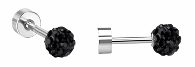 Children's Earrings:  Surgical Steel Black CZ Disco Ball Screw Back Earrings 4mm