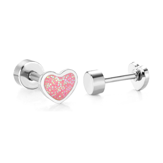 Baby Earrings:  Surgical Steel, Glitter Enamel Heart Earrings with Screw Backs