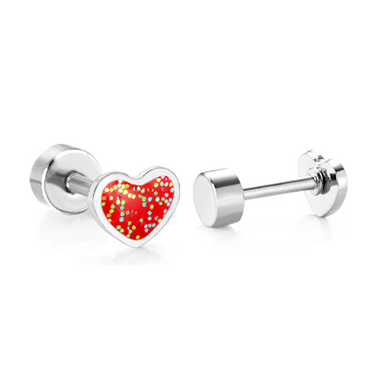 Baby Earrings:  Surgical Steel, Glitter Enamel Heart Earrings with Screw Backs