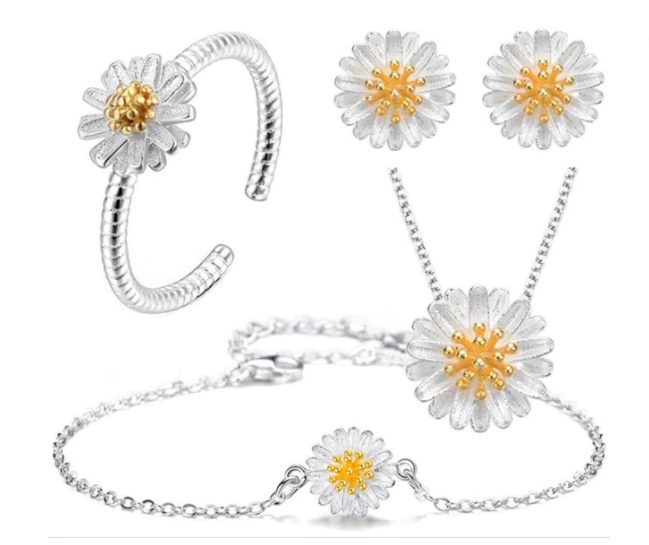 Children's Gift Set:  Sterling Silver Daisy Necklace, Earrings, Adjustable Ring and Bracelet Set with Gift Box
