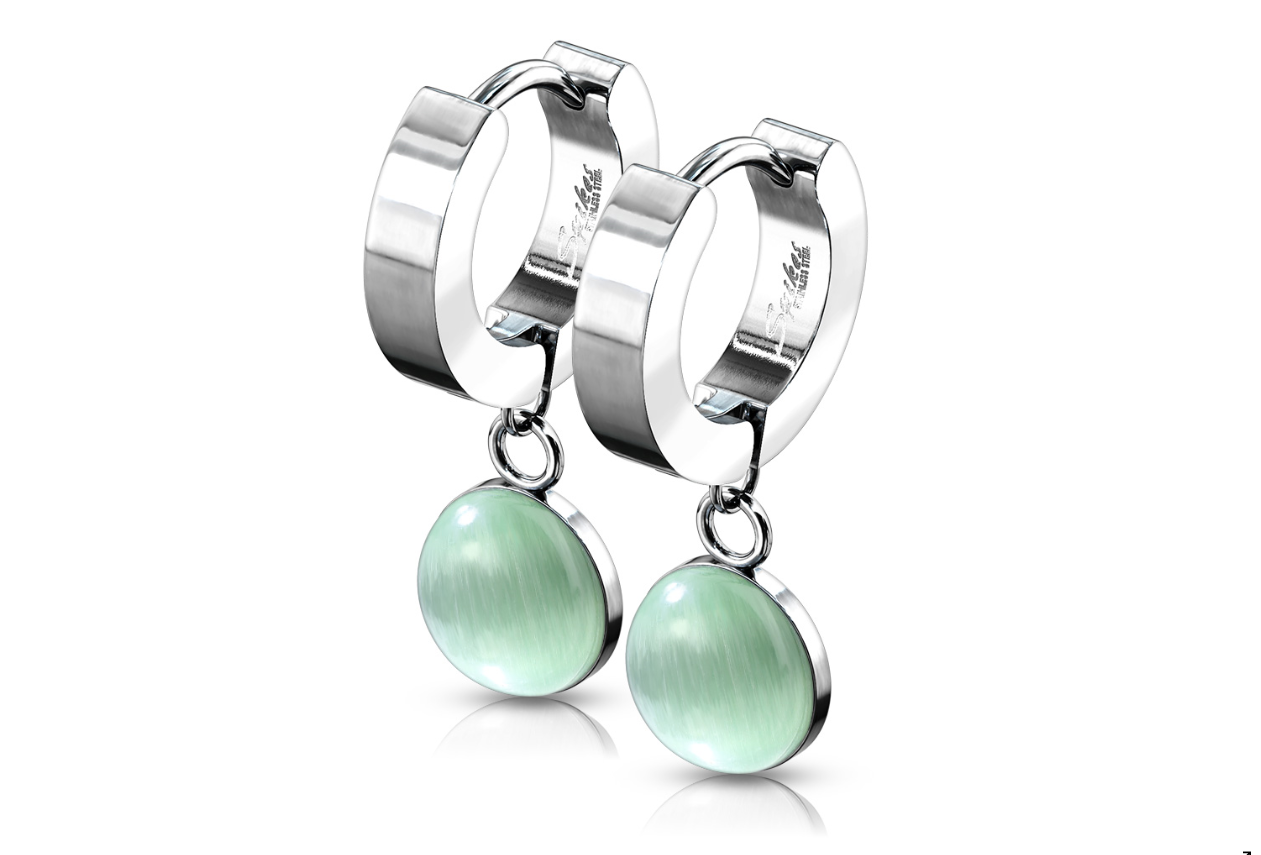 Children's, Teens' and Mothers' Earrings:  Surgical Steel Huggy Hoops with Green Jade Dangles