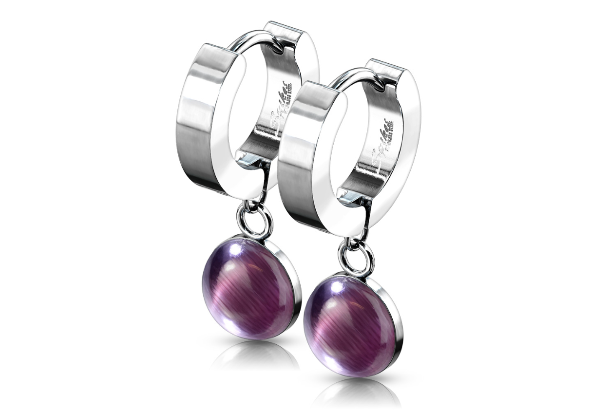 Children's, Teens' and Mothers' Earrings:  Surgical Steel Huggy Hoops with Amethyst Dangles
