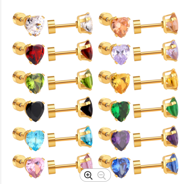 Children's, Teens' and Mothers' Earrings:  Surgical Steel, Gold IP, 6mm Heart CZ Earrings with Screw backs - Vibrant Green