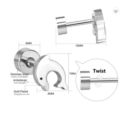 Children's Earrings:  Surgical Steel Dolphins with Screw Backs Age 3 - Teens