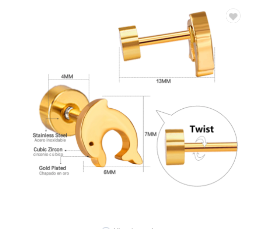 Children's Earrings:  Steel with Gold IP Dolphins with Screw Backs Age 3 - Teens