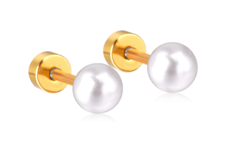 Children's and Teens' Earrings:  Surgical Steel, Pearl Screw Back Earrings 4mm